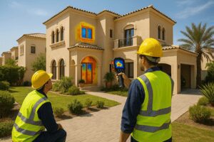 Technicians using a thermal imaging camera to scan a villa exterior for heat and moisture anomalies.