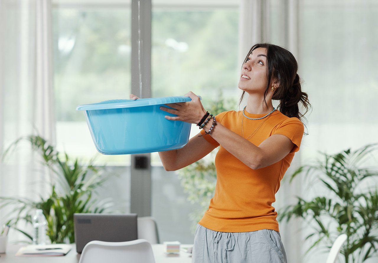 Woman catching ceiling leak water in a blue container.