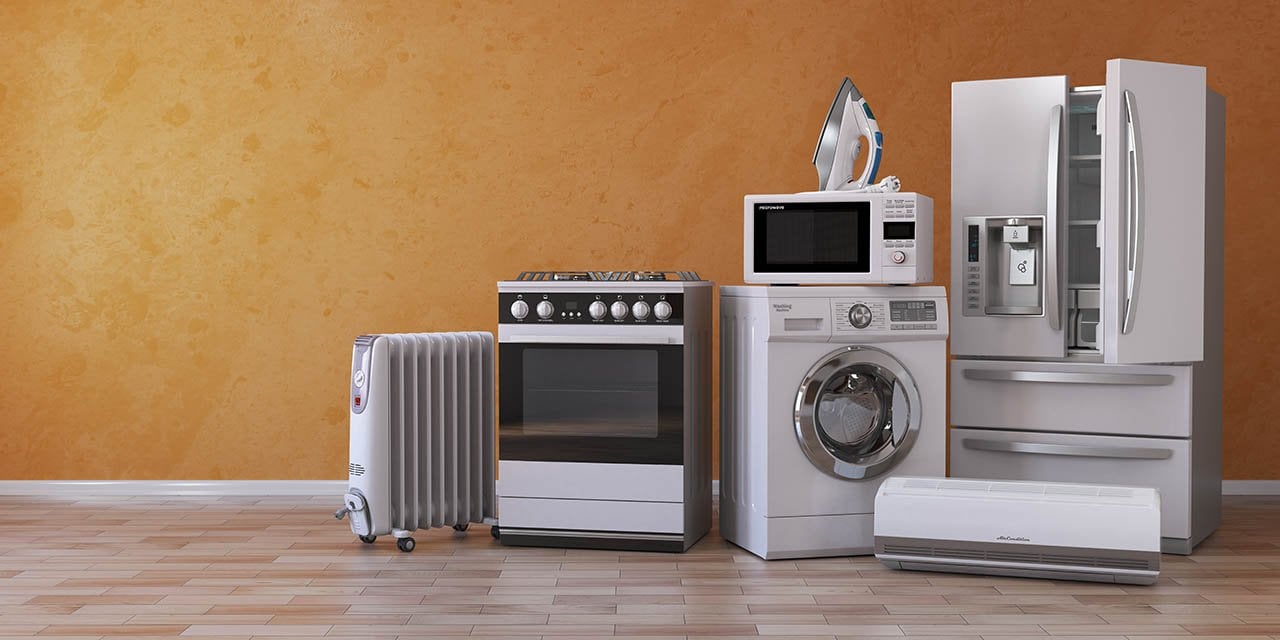Multiple household appliances including washing machine, refrigerator, oven, microwave, and heater.