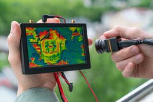 Handheld thermal imaging device displaying a heat map of a residential house exterior.