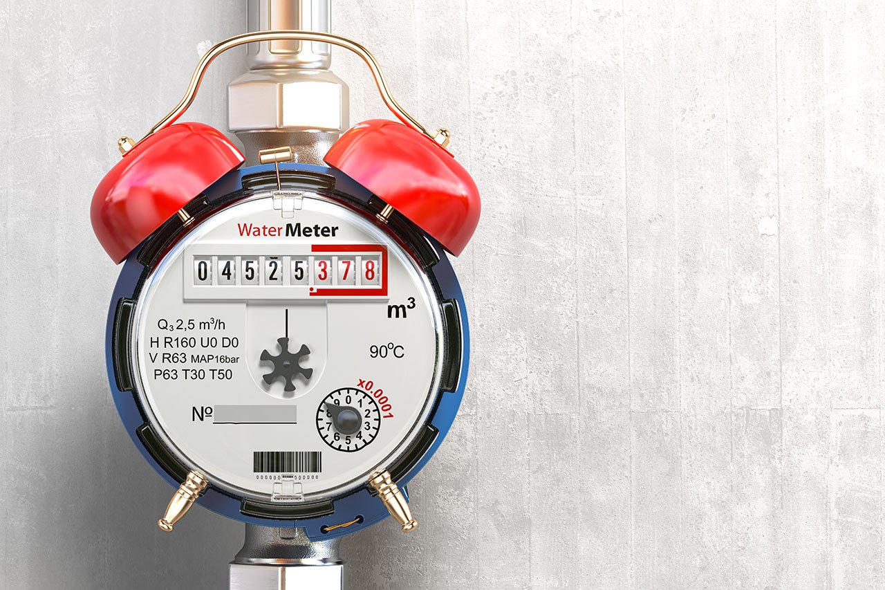 Water meter with red alarm bells attached, symbolizing excessive water usage or leak warning.