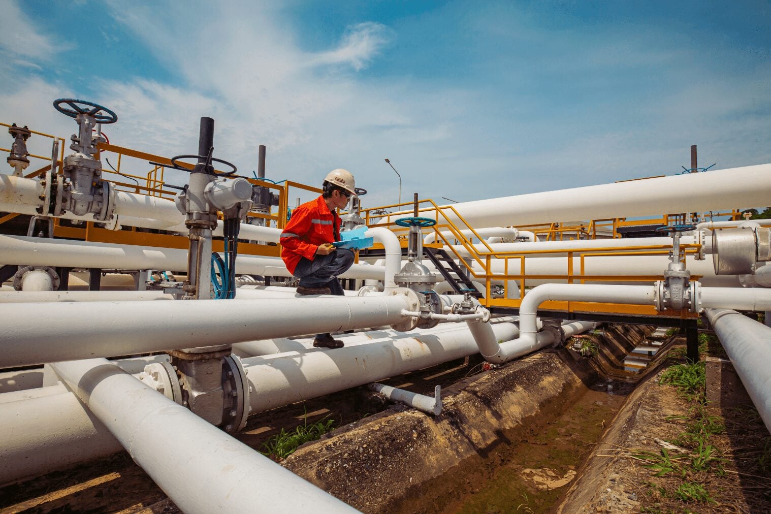 Inspector examining petrochemical factory pipelines for leak detection